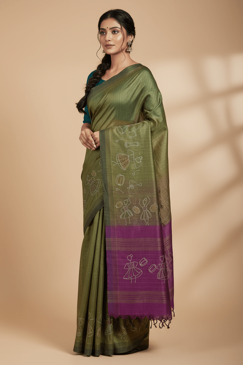 Nrityashree – Mehendi Green Hand-Painted Handloom Mangalagiri Silk Cotton Saree - Kleemkaara