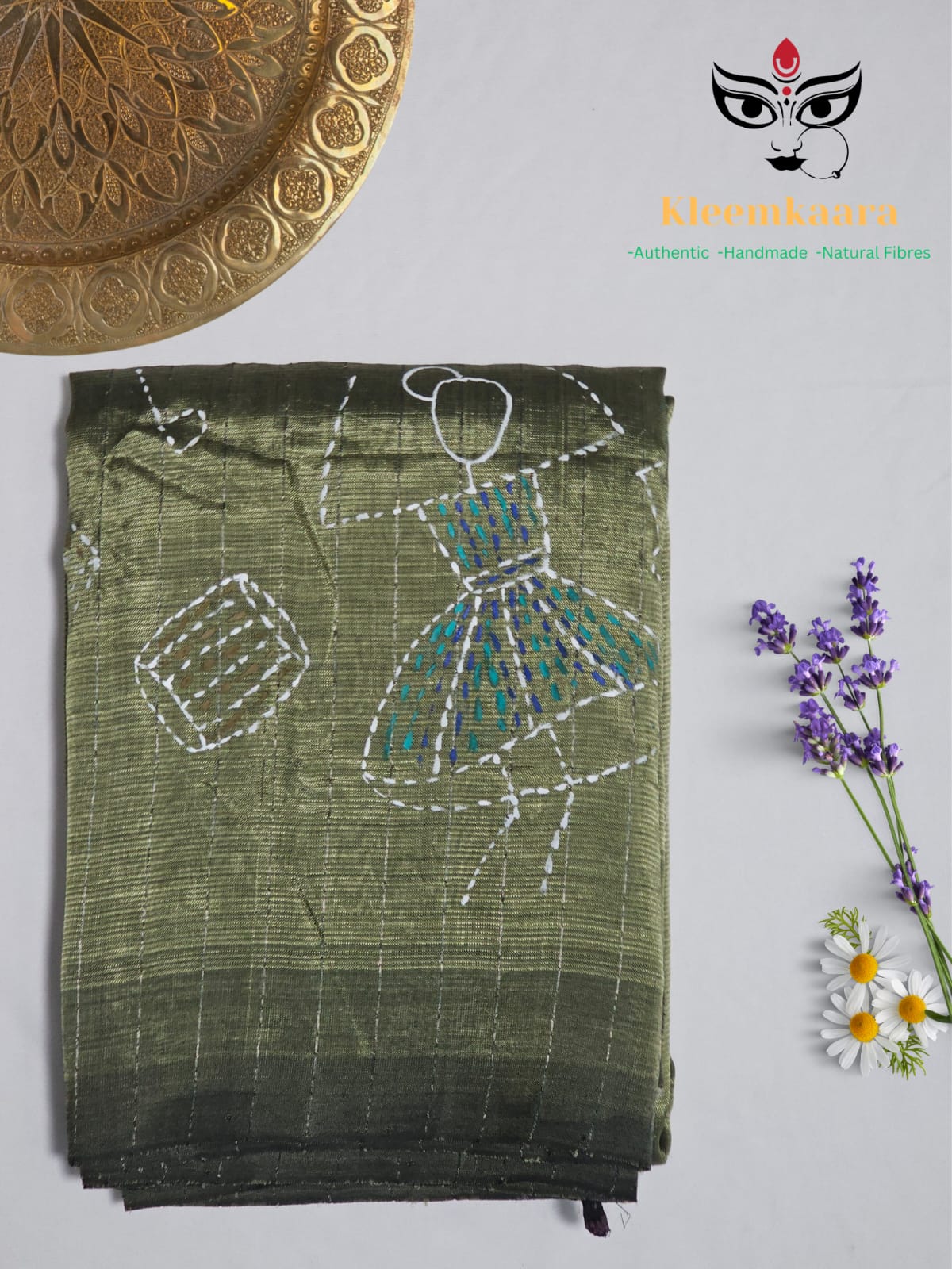 Nrityashree – Mehendi Green Hand-Painted Handloom Mangalagiri Silk Cotton Saree - Kleemkaara