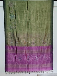 Nrityashree – Mehendi Green Hand-Painted Handloom Mangalagiri Silk Cotton Saree - Kleemkaara