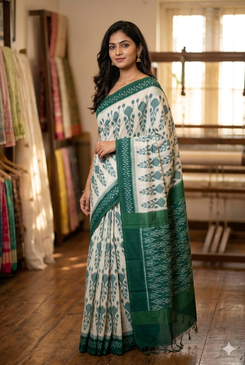 Off White and Green Handloom Pochampally Mercerized Cotton Saree - Kleemkaara
