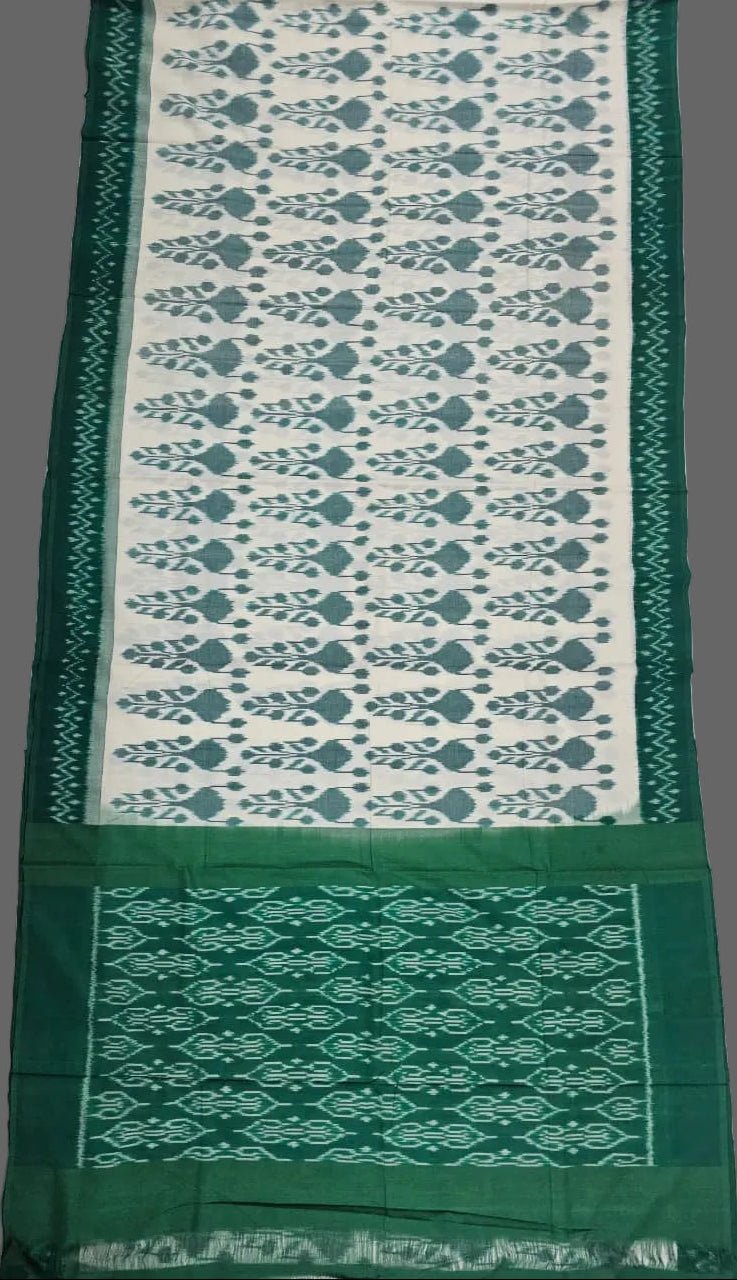 Off White and Green Handloom Pochampally Mercerized Cotton Saree - Kleemkaara