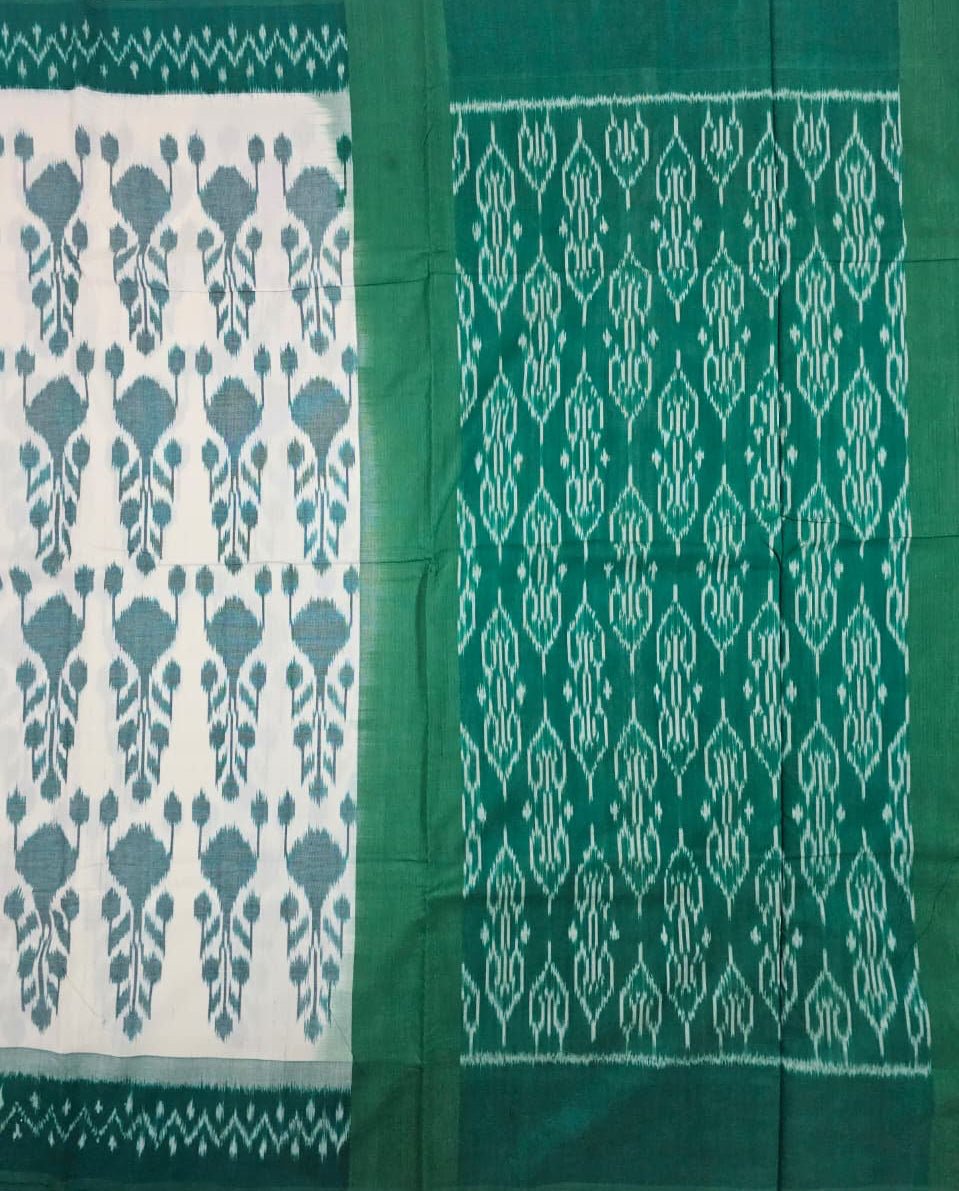 Off White and Green Handloom Pochampally Mercerized Cotton Saree - Kleemkaara