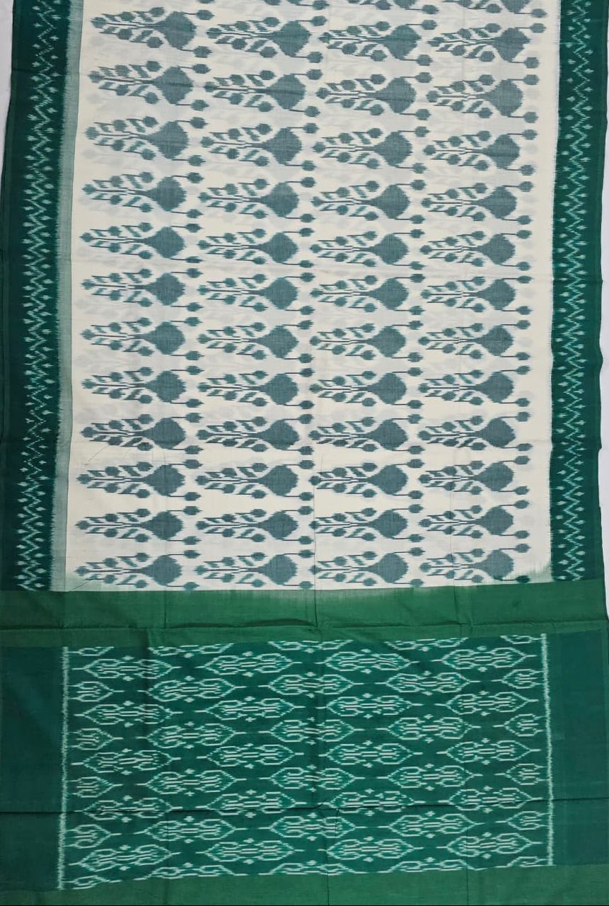 Off White and Green Handloom Pochampally Mercerized Cotton Saree - Kleemkaara