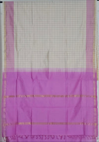 Off White Checkered Handloom Venkatagiri Silk Cotton Saree with Pink Pallu - Kleemkaara