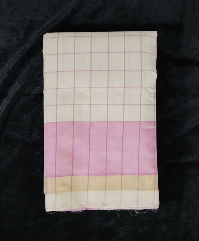 Off White Checkered Handloom Venkatagiri Silk Cotton Saree with Pink Pallu - Kleemkaara