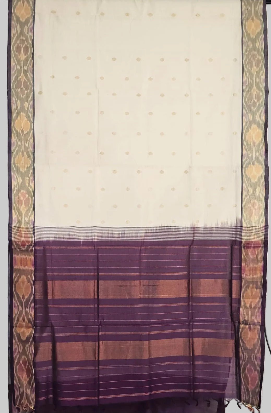 Off White Handloom Venkatagiri Silk Cotton Saree with ikat border - Kleemkaara