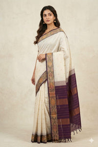 Off White Handloom Venkatagiri Silk Cotton Saree with ikat border - Kleemkaara