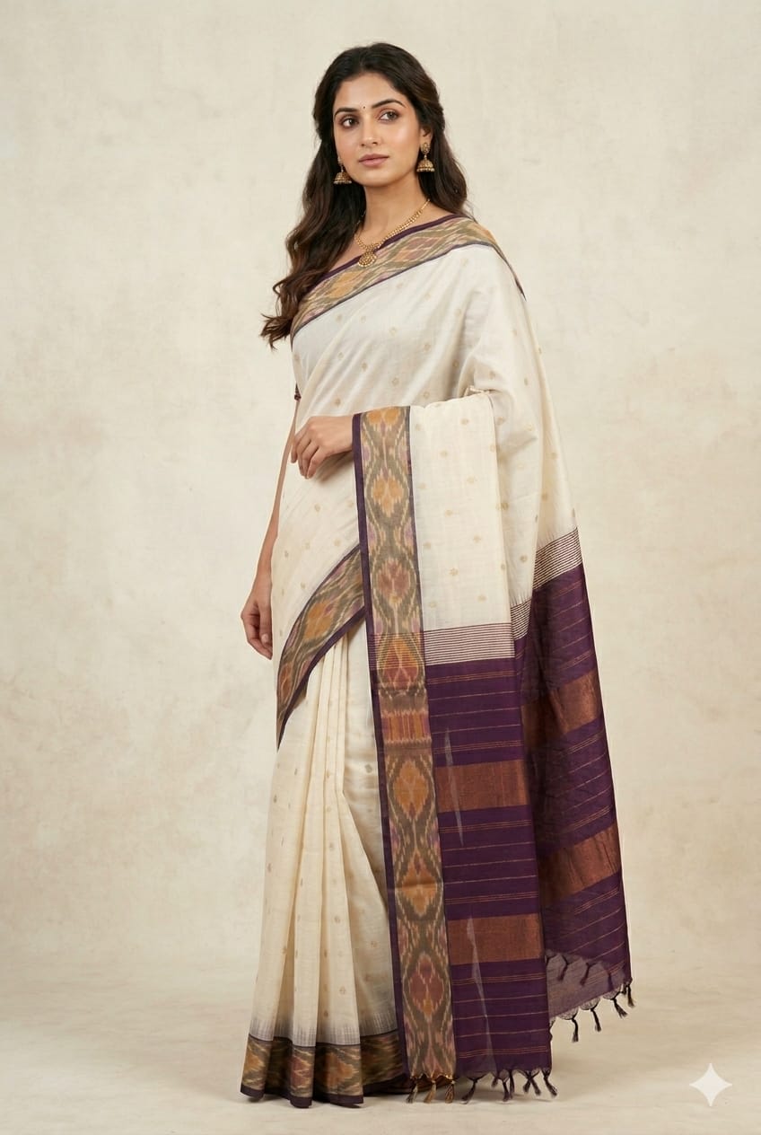 Off White Handloom Venkatagiri Silk Cotton Saree with ikat border - Kleemkaara
