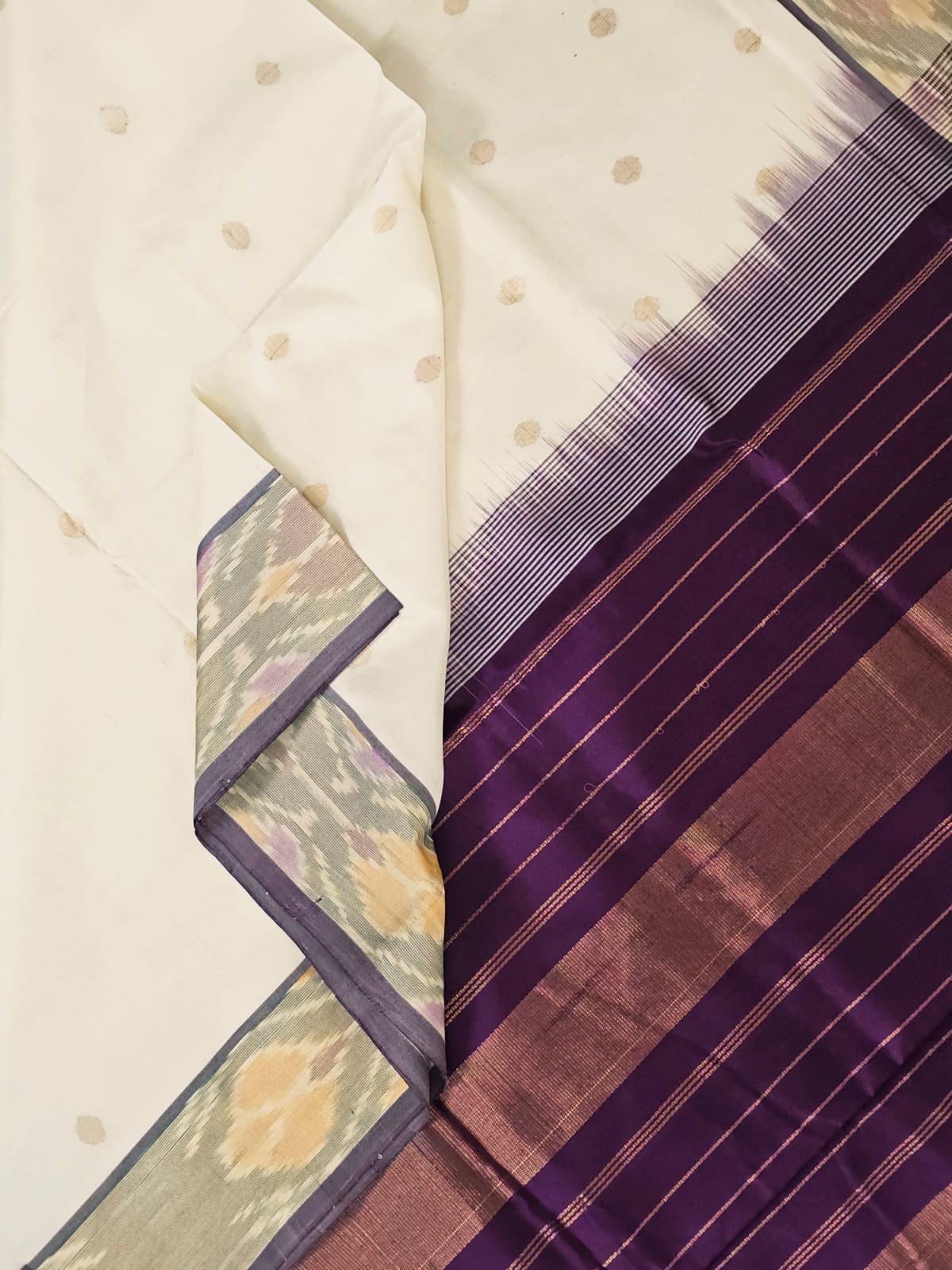 Off White Handloom Venkatagiri Silk Cotton Saree with ikat border - Kleemkaara