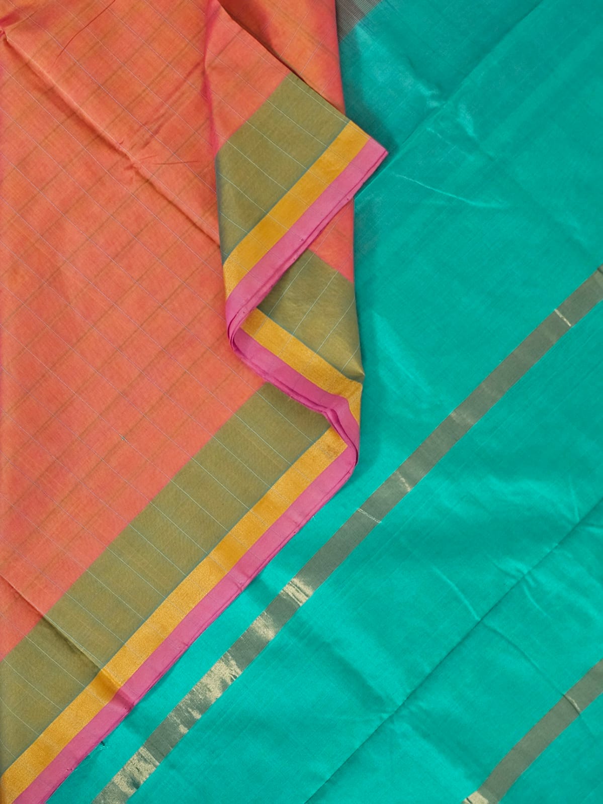 Orange Checkered Handloom Venkatagiri Silk Cotton Saree - Kleemkaara