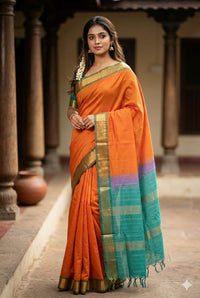 Orange Plain Handloom Venkatagiri Silk Cotton Saree - Kleemkaara