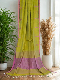 Padmika – Light Green Handloom Khadi Saree with Pink Matka Silk Pallu - Kleemkaara