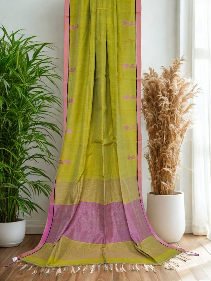 Padmika – Light Green Handloom Khadi Saree with Pink Matka Silk Pallu - Kleemkaara
