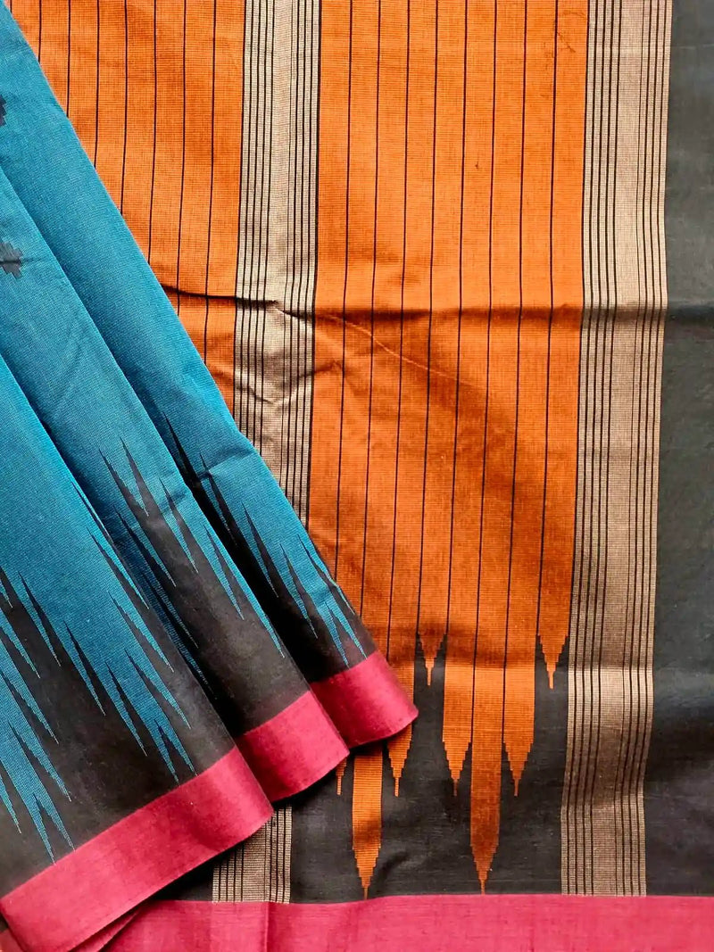 Peacock Blue Handloom Venkatagiri Cotton Saree with Temple Border - Kleemkaara