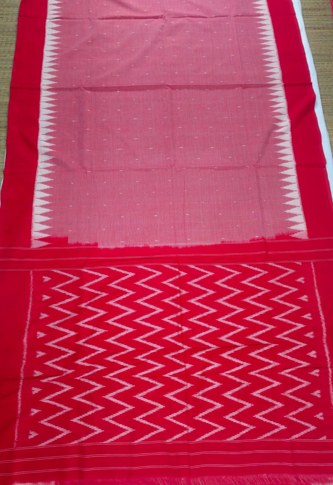 Pink and Red Handloom Pochampally Ikkat Mercerized Cotton Saree with Temple Border - Kleemkaara