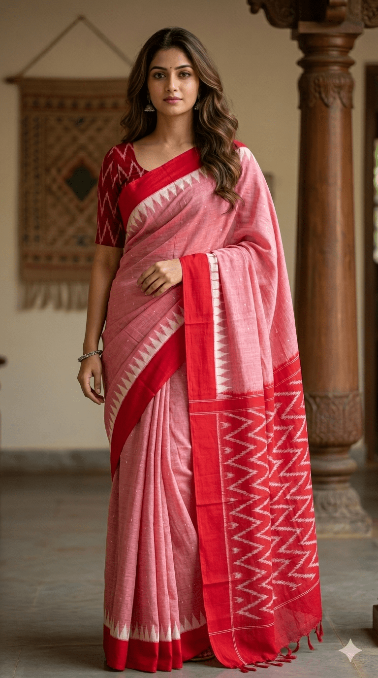 Pink and Red Handloom Pochampally Ikkat Mercerized Cotton Saree with Temple Border - Kleemkaara