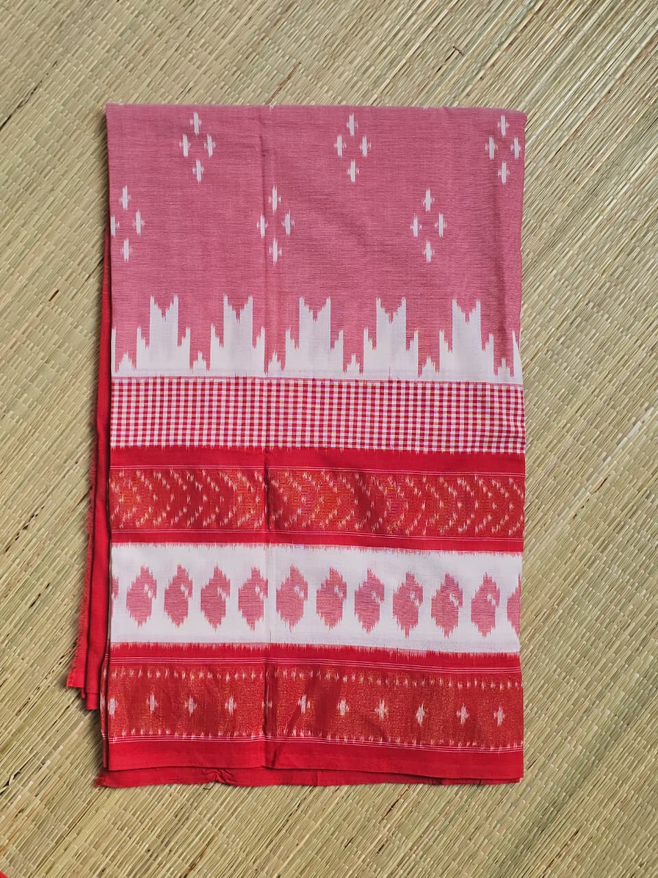 Pink and Red Handloom Pochampally Ikkat Mercerized Cotton Saree with Zari Border - Kleemkaara