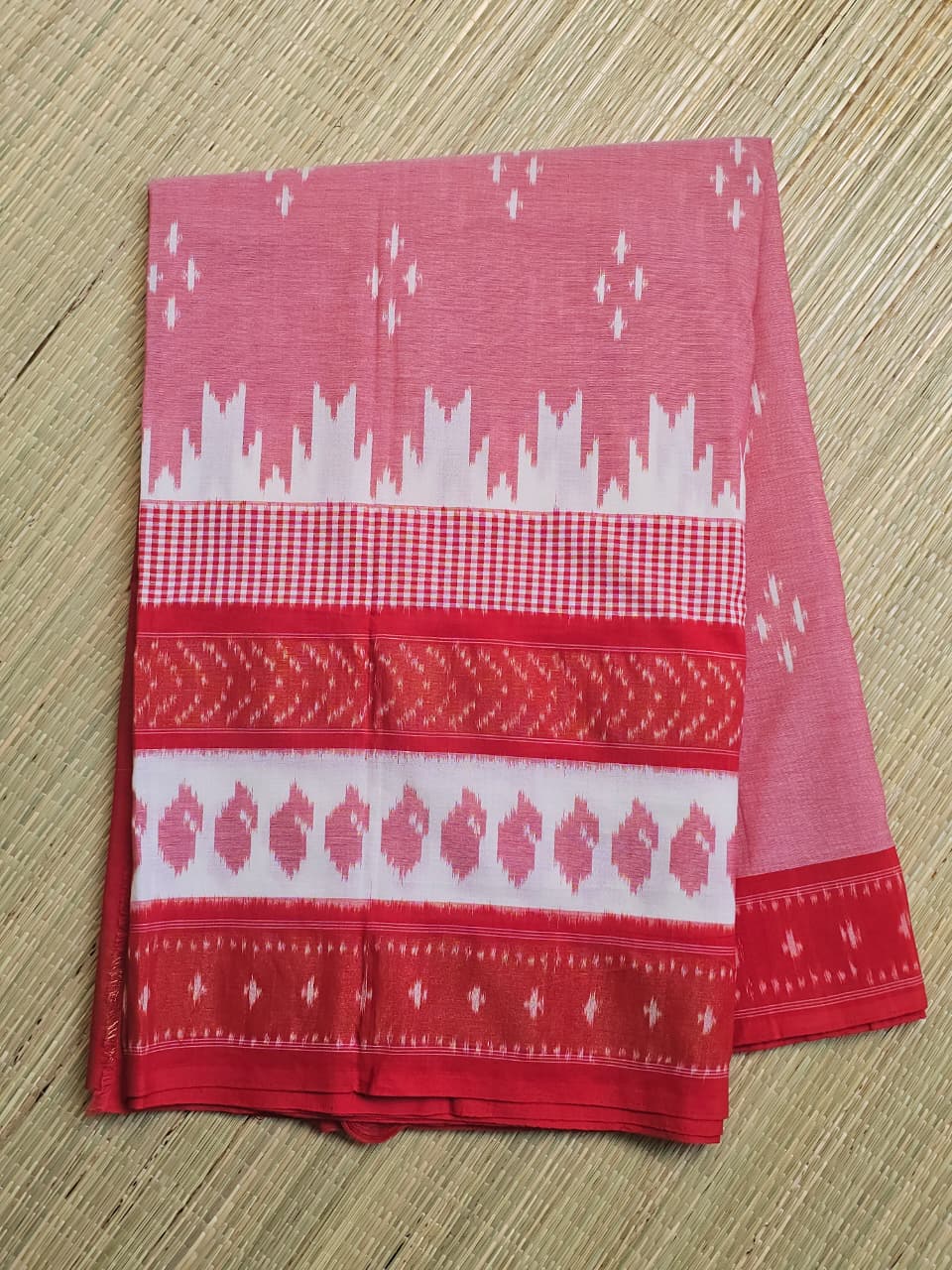 Pink and Red Handloom Pochampally Ikkat Mercerized Cotton Saree with Zari Border - Kleemkaara