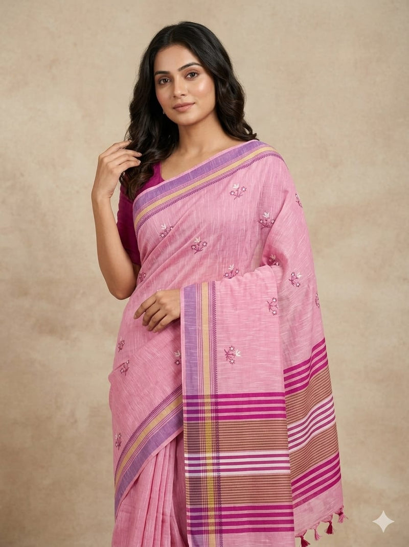 Pink Handloom Venkatagiri Khadi Cotton Saree with Floral Embroidery Motifs - Kleemkaara