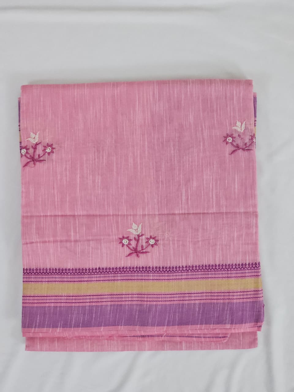Pink Handloom Venkatagiri Khadi Cotton Saree with Floral Embroidery Motifs - Kleemkaara