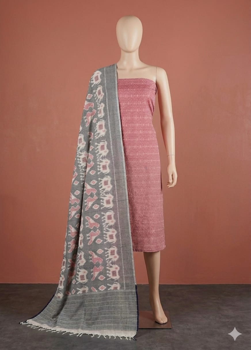 Pink Pochampally Handloom Ikat Mercerised Cotton Dress Material with Grey Dupatta - Kleemkaara