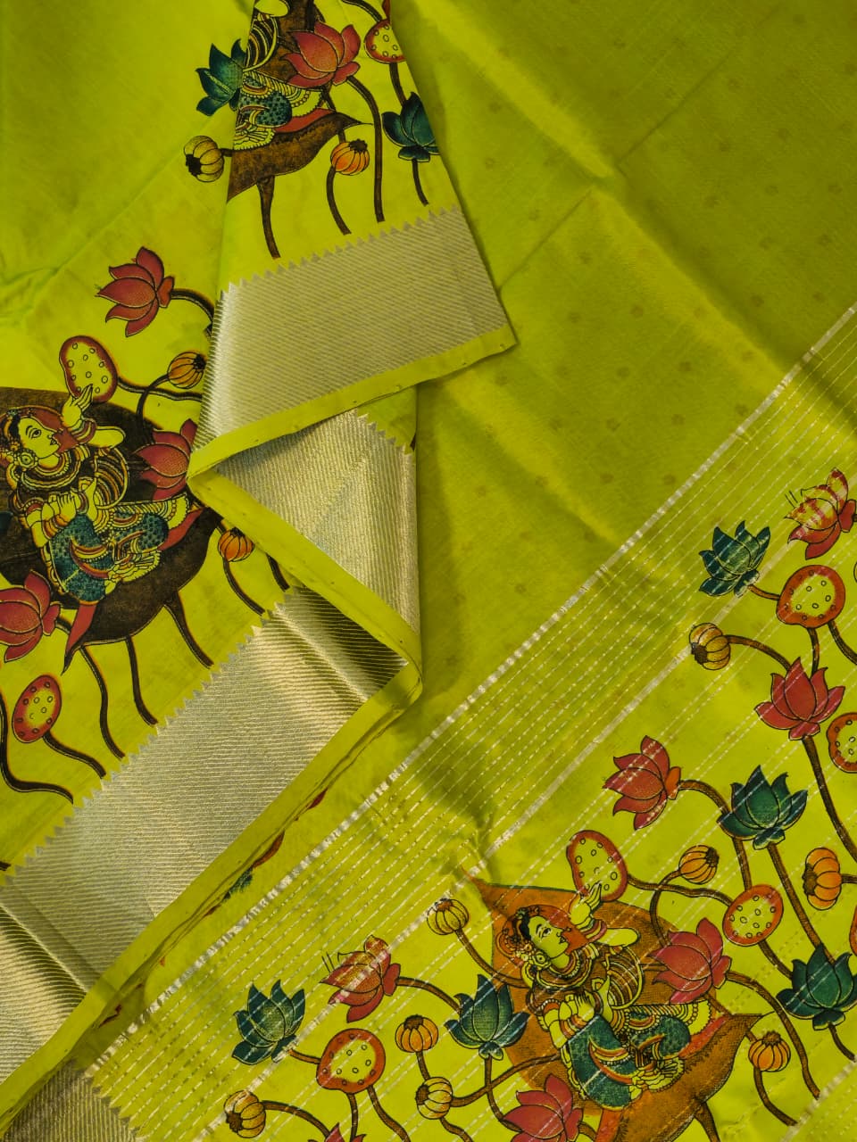 Prabha – Green Handloom Mangalagiri Silk Cotton Saree with Pichwai Art Print - Kleemkaara