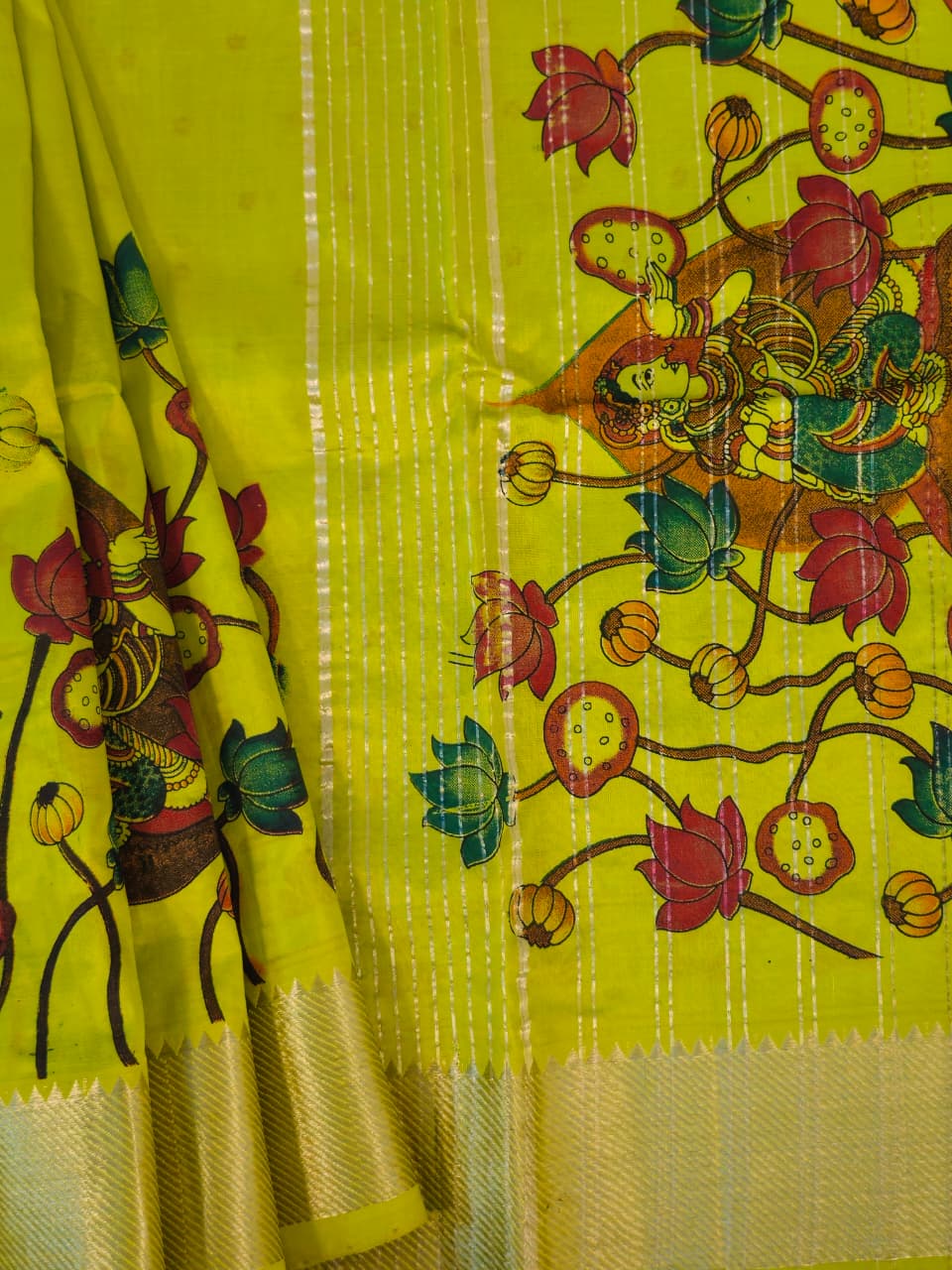 Prabha – Green Handloom Mangalagiri Silk Cotton Saree with Pichwai Art Print - Kleemkaara