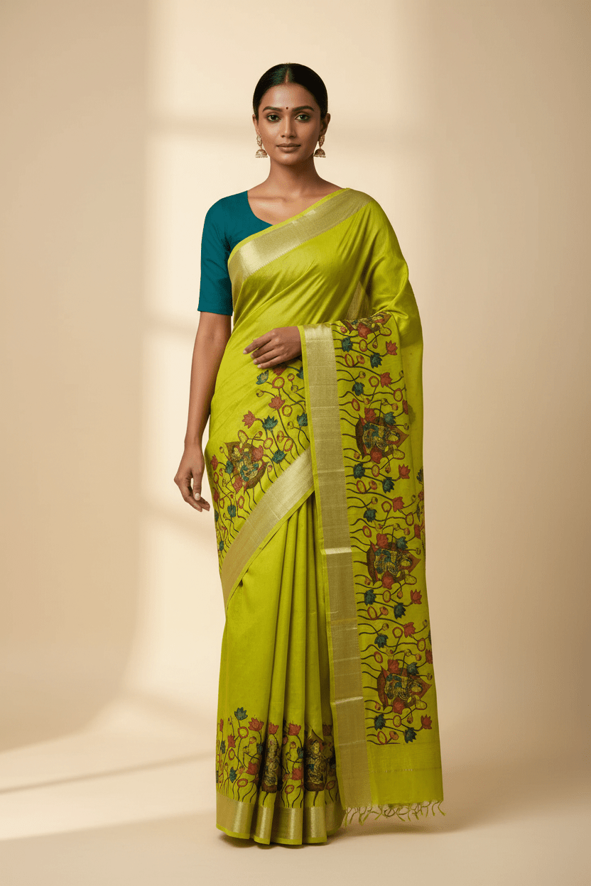 Prabha – Green Handloom Mangalagiri Silk Cotton Saree with Pichwai Art Print - Kleemkaara