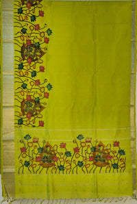Prabha – Green Handloom Mangalagiri Silk Cotton Saree with Pichwai Art Print - Kleemkaara