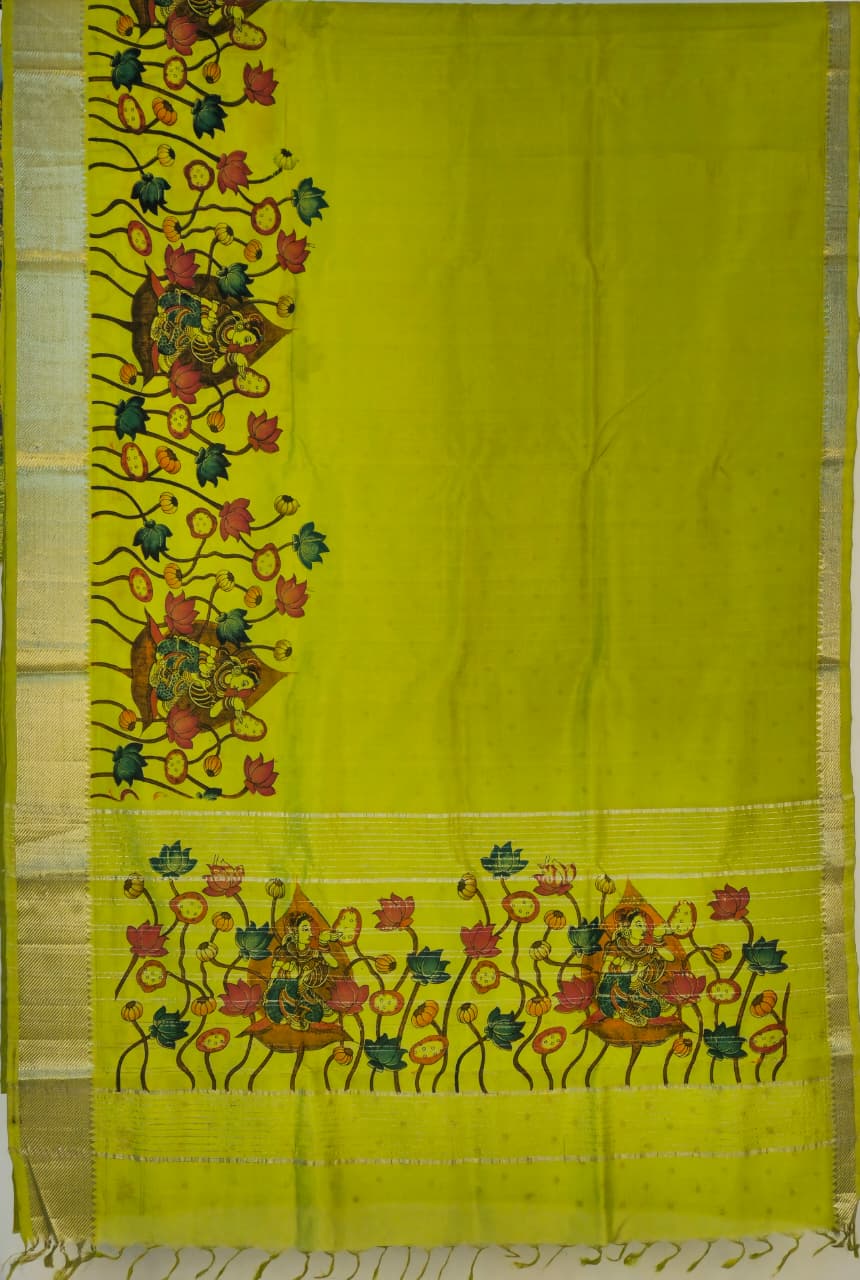 Prabha – Green Handloom Mangalagiri Silk Cotton Saree with Pichwai Art Print - Kleemkaara