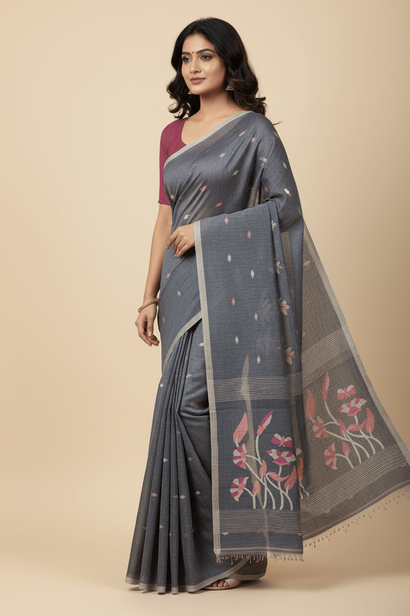 Pravaha – Blue Jamdani Handloom Bengal Cotton Saree - Kleemkaara