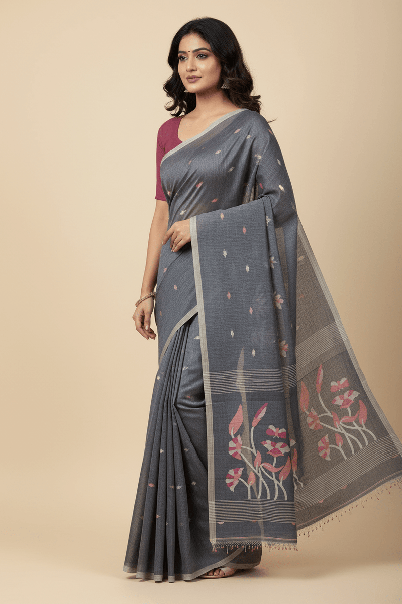 Pravaha – Blue Jamdani Handloom Bengal Cotton Saree - Kleemkaara