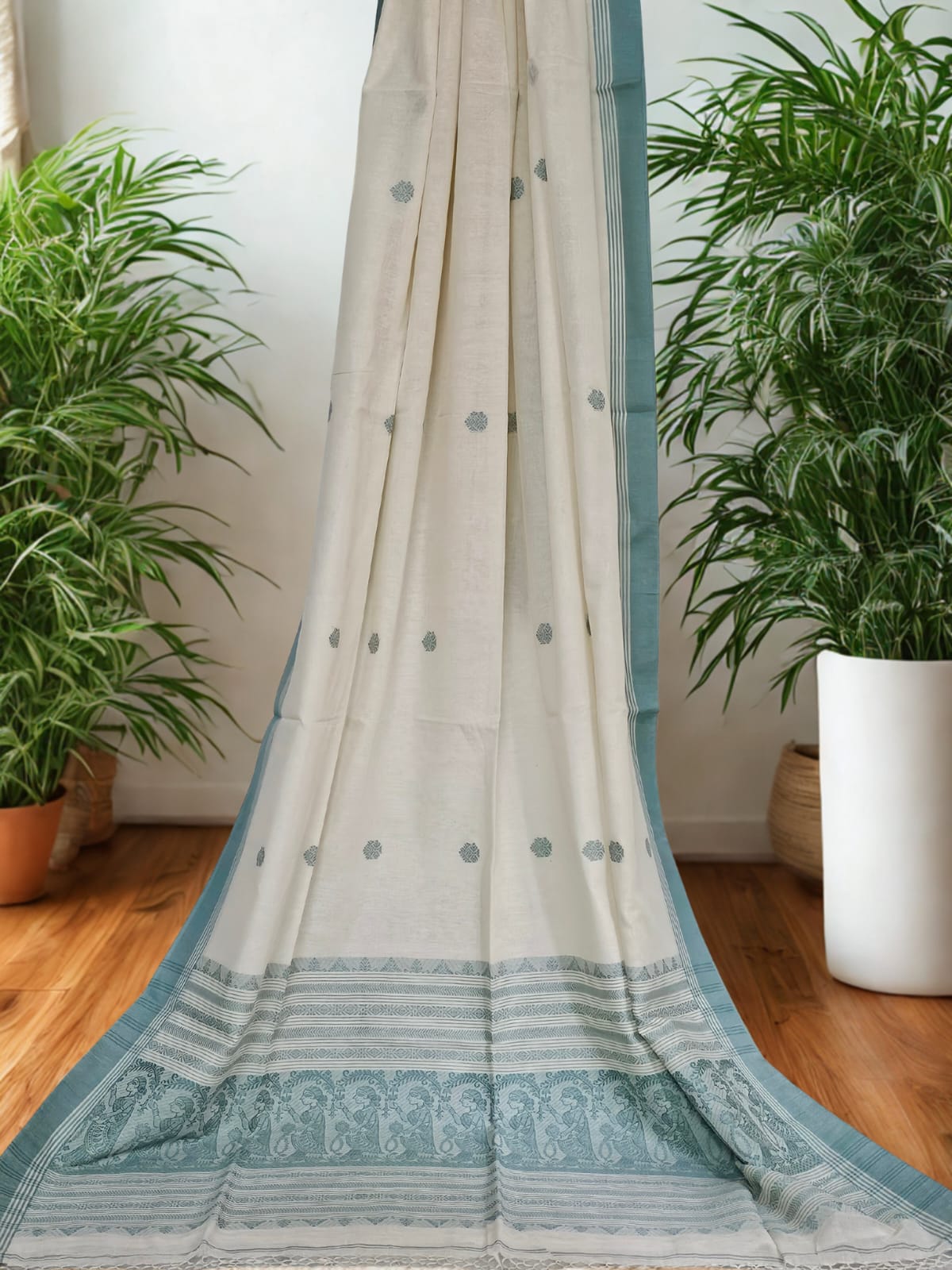Pravya – Off-White Handloom Bengal Cotton Saree with Muted Teal Baluchari Motifs - Kleemkaara