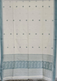 Pravya – Off-White Handloom Bengal Cotton Saree with Muted Teal Baluchari Motifs - Kleemkaara