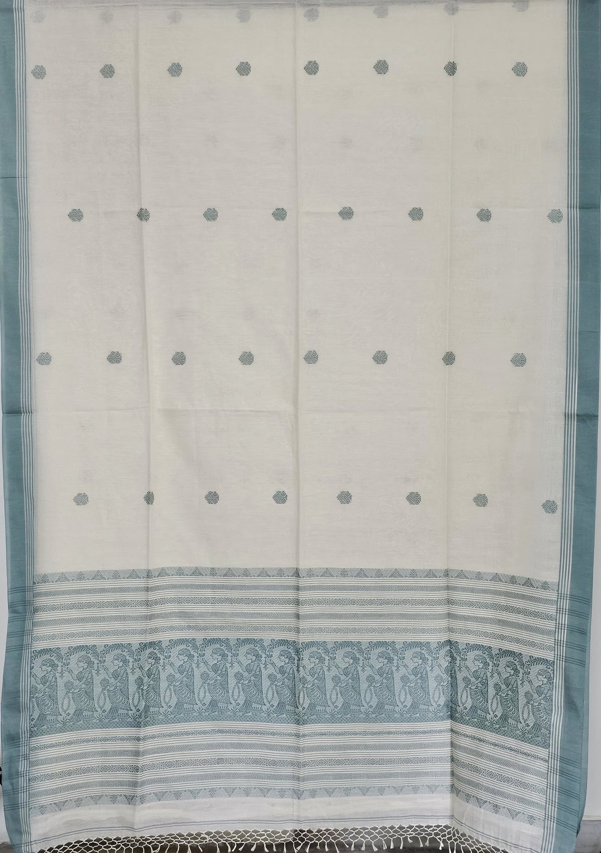 Pravya – Off-White Handloom Bengal Cotton Saree with Muted Teal Baluchari Motifs - Kleemkaara