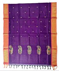 Purple Handloom Venkatagiri Cotton Saree with Orange Zari Border - Kleemkaara