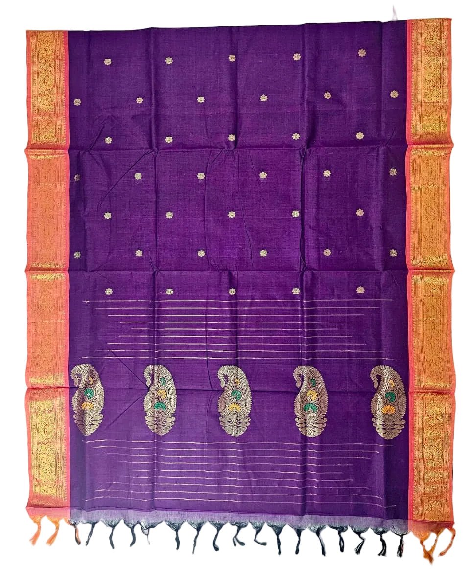 Purple Handloom Venkatagiri Cotton Saree with Orange Zari Border - Kleemkaara