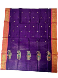 Purple Handloom Venkatagiri Cotton Saree with Orange Zari Border - Kleemkaara