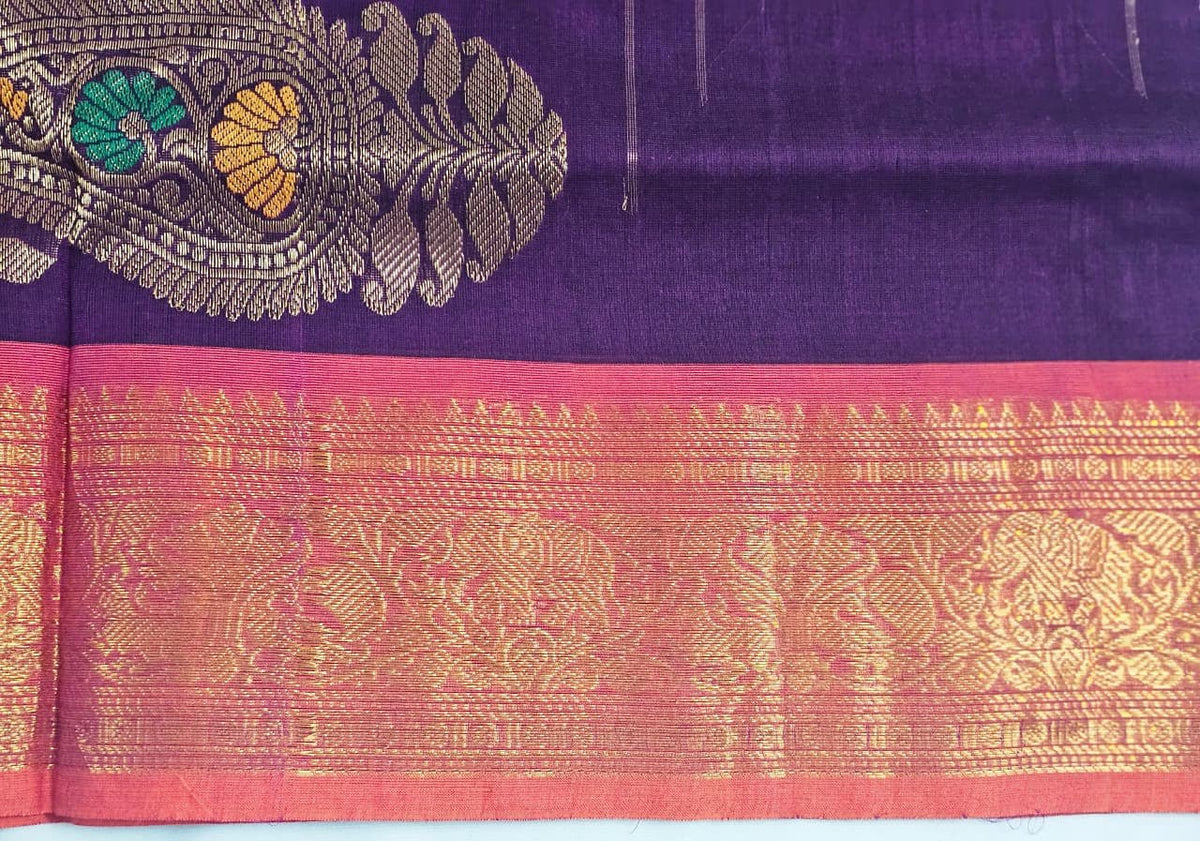 Purple Handloom Venkatagiri Cotton Saree with Orange Zari Border - Kleemkaara