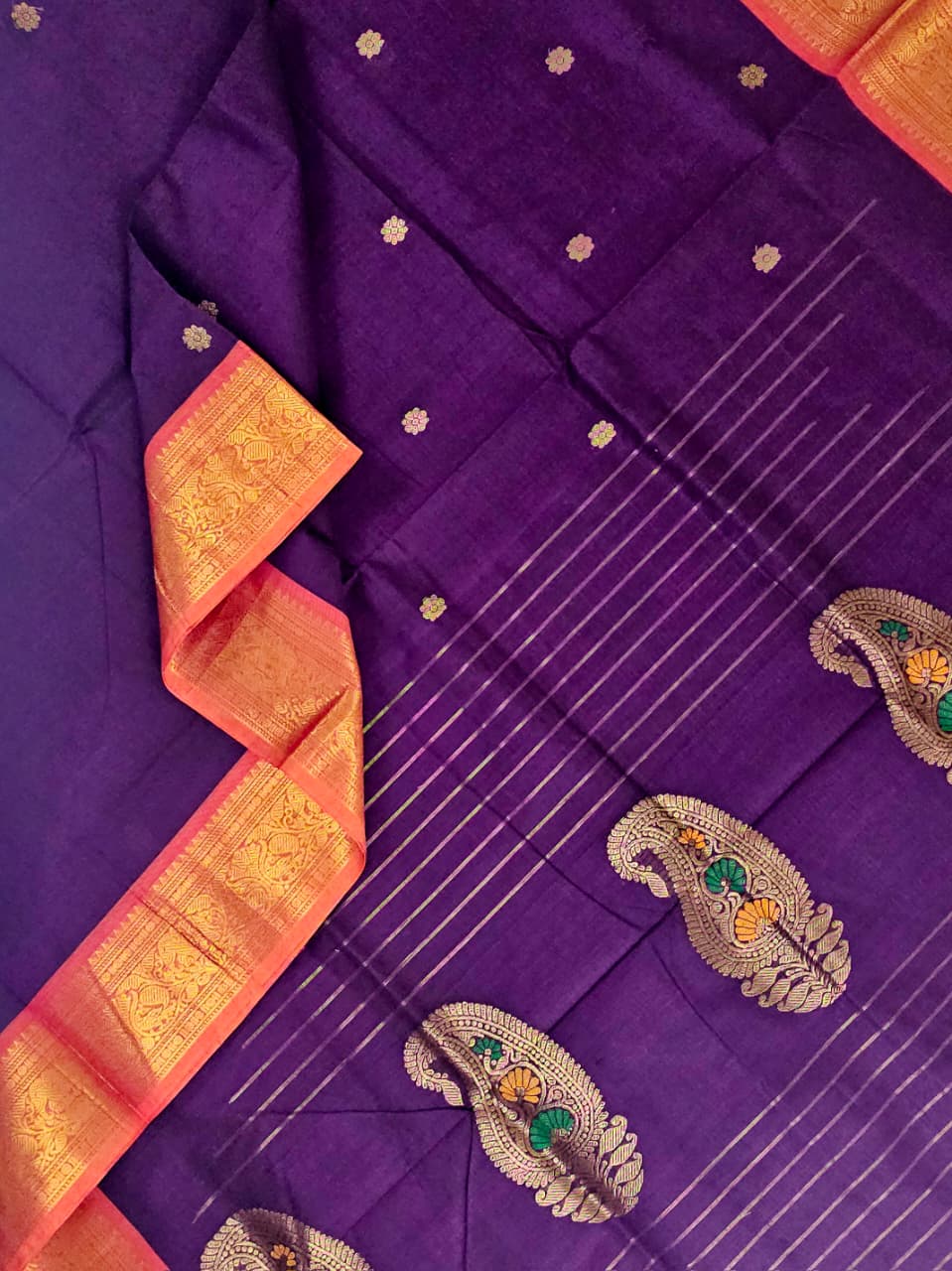 Purple Handloom Venkatagiri Cotton Saree with Orange Zari Border - Kleemkaara