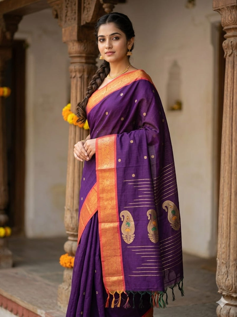 Purple Handloom Venkatagiri Cotton Saree with Orange Zari Border - Kleemkaara