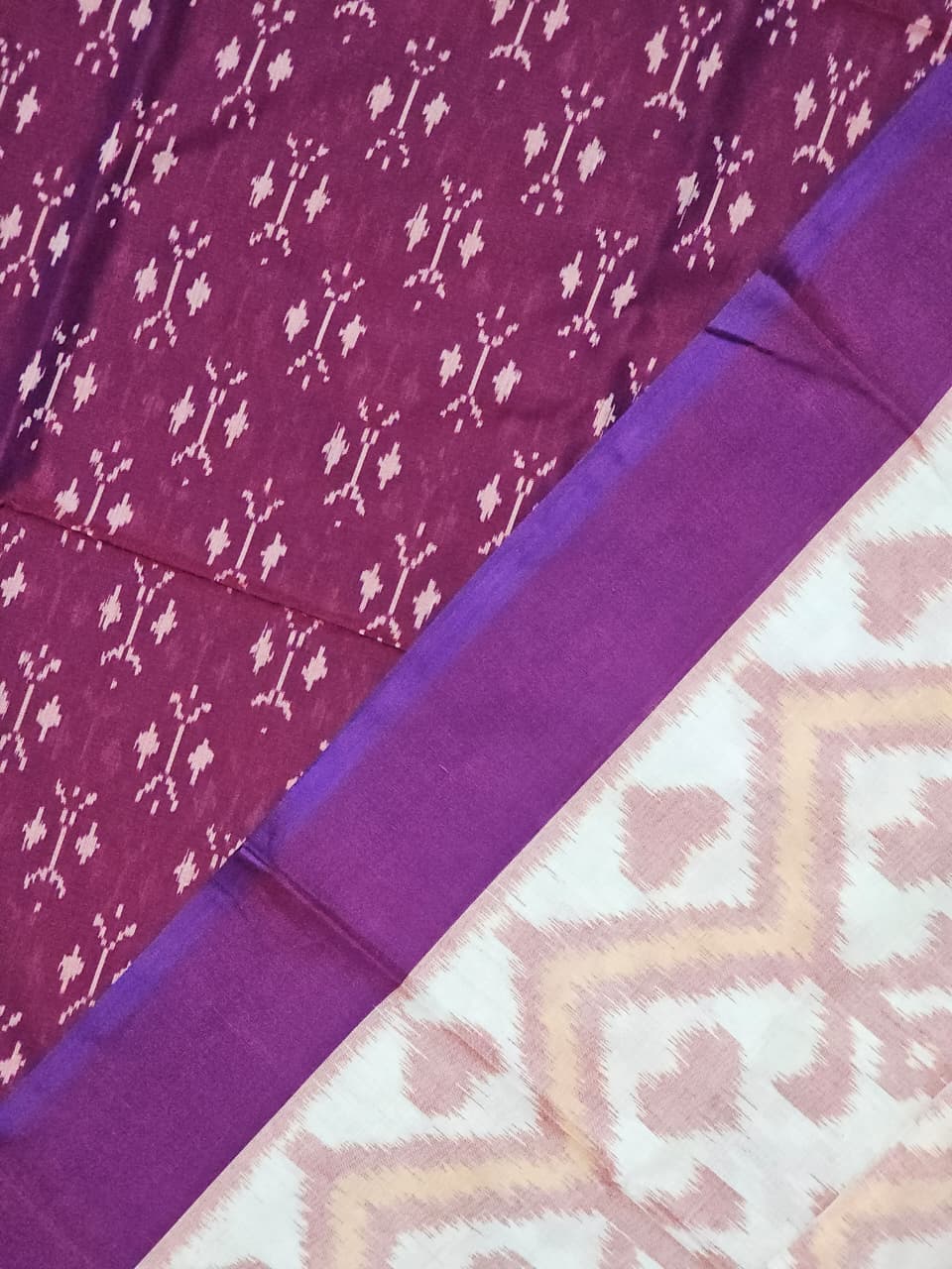 Purple Pochampally Handloom Ikat Mercerised Cotton Dress Material with White Dupatta - Kleemkaara
