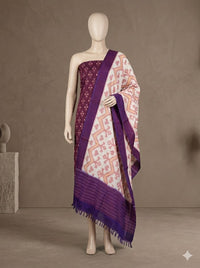 Purple Pochampally Handloom Ikat Mercerised Cotton Dress Material with White Dupatta - Kleemkaara