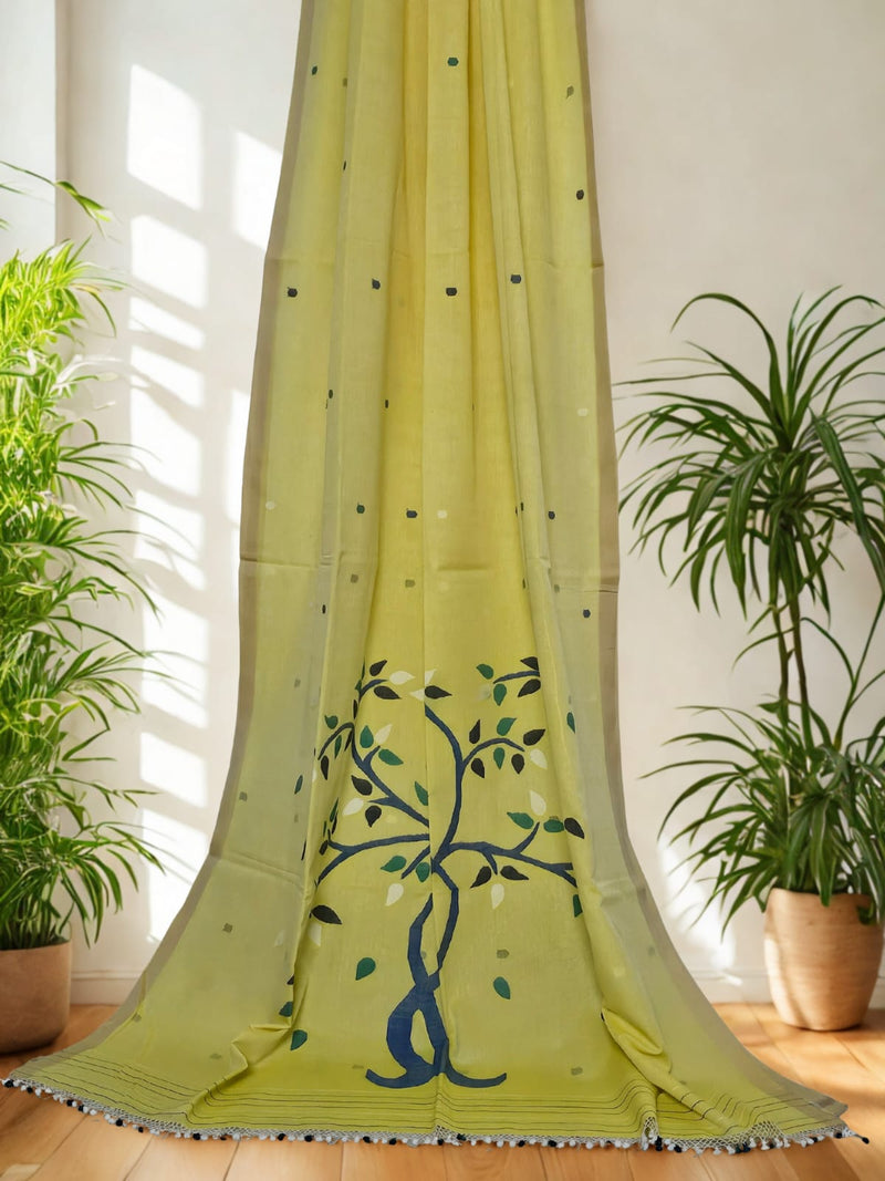 Raagini – Yellow Jamdani Handloom Bengal Cotton Saree - Kleemkaara