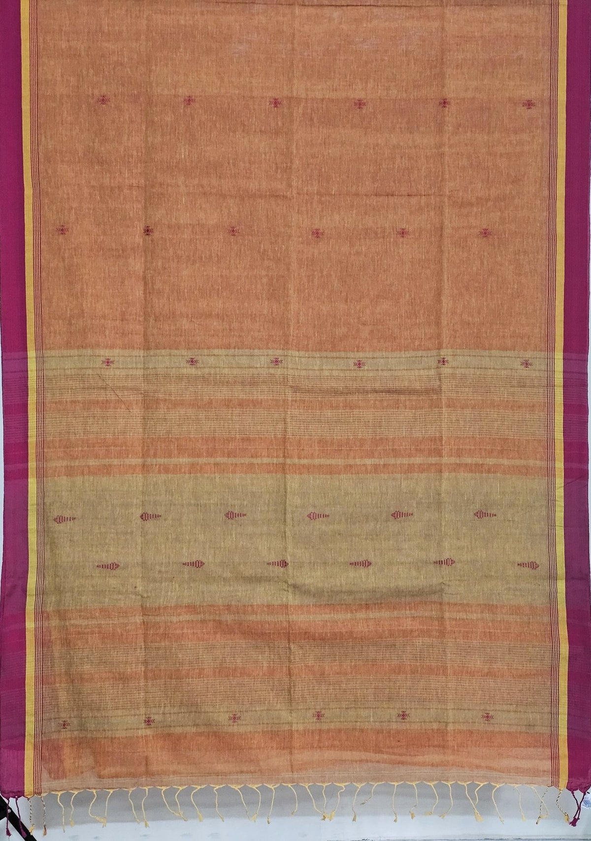 Ravisha – Amber Ochre Handloom Khadi Saree with Magenta Border & Bhujodi Motifs - Kleemkaara