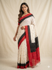 AI Model in White Handloom Pochampally Ikkat Mercerized Cotton Saree with 2 tone Motifs