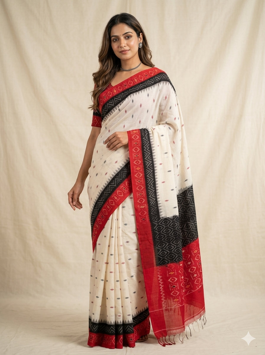 AI Model in White Handloom Pochampally Ikkat Mercerized Cotton Saree with 2 tone Motifs