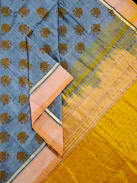 Indrānī – Grey Handloom Bamboo Cotton Saree with Yellow Silk Pallu