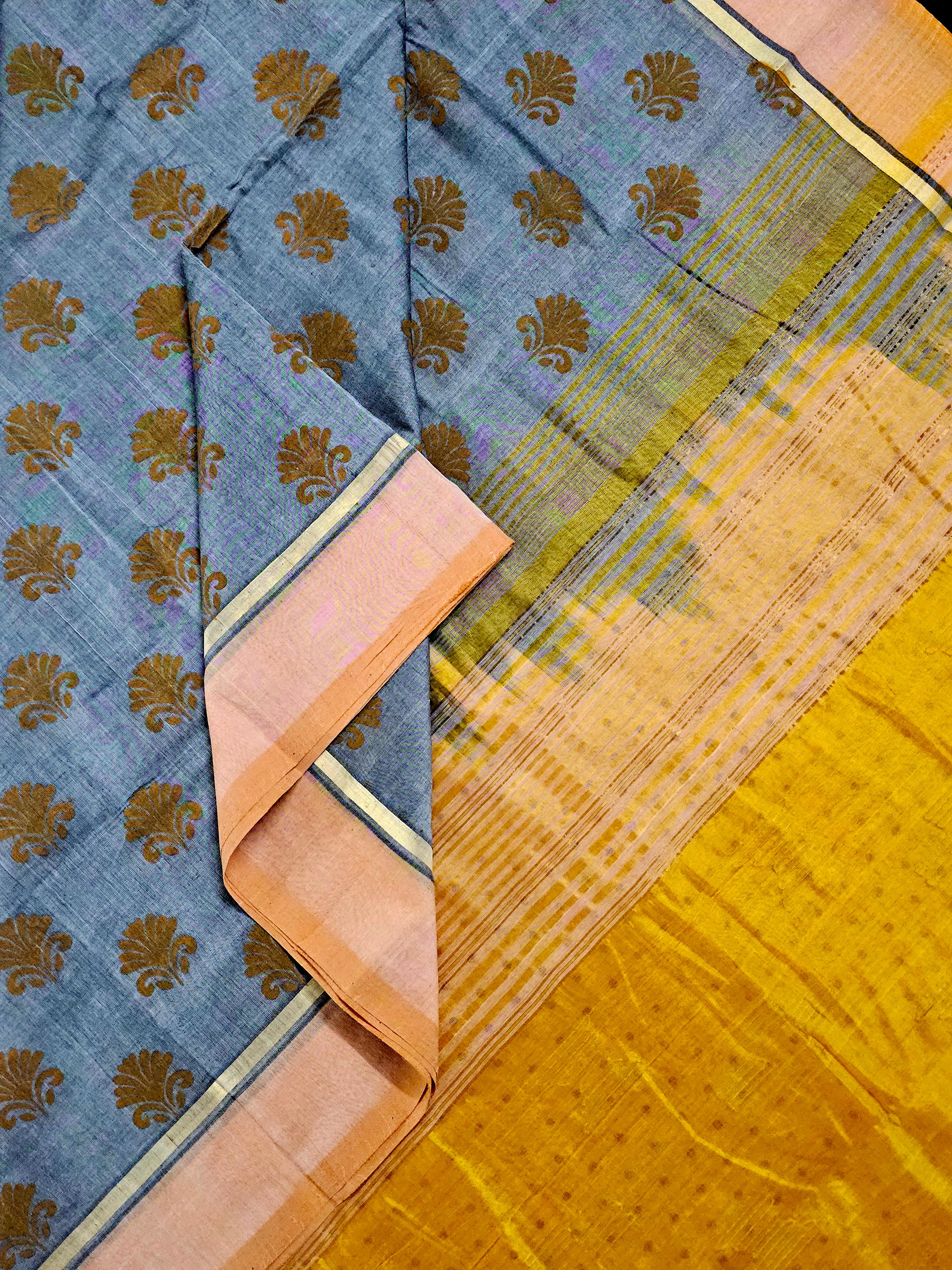 Indrānī – Grey Handloom Bamboo Cotton Saree with Yellow Silk Pallu