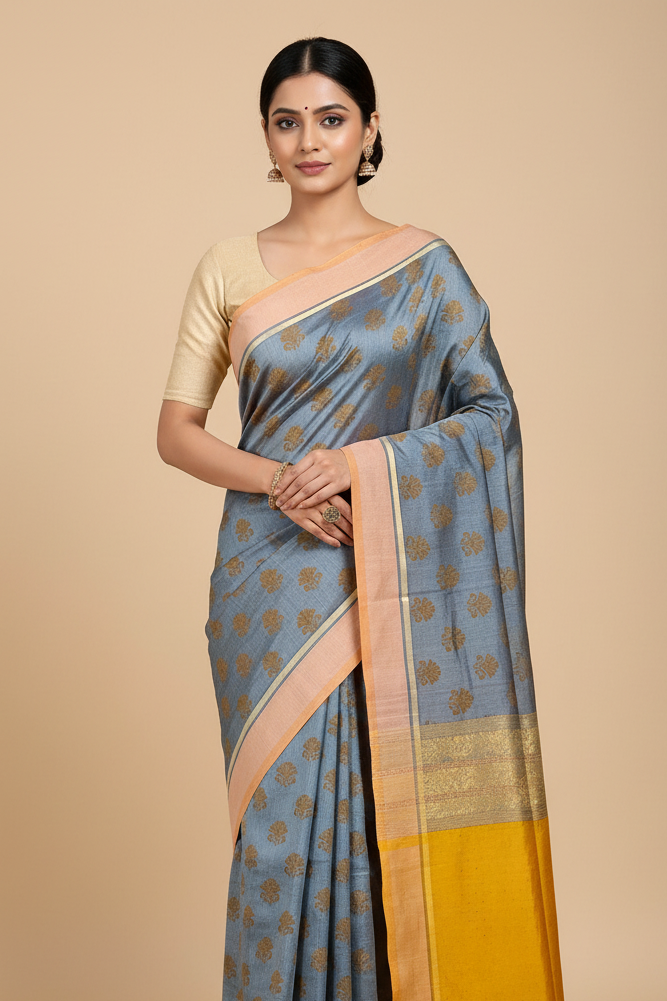 Indrānī – Grey Handloom Bamboo Cotton Saree with Yellow Silk Pallu
